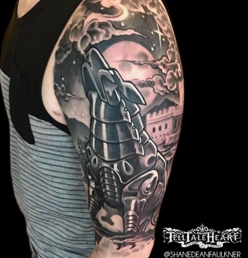 black and grey metal wolf howling at moon with cloudy moonlit sly and castle in background