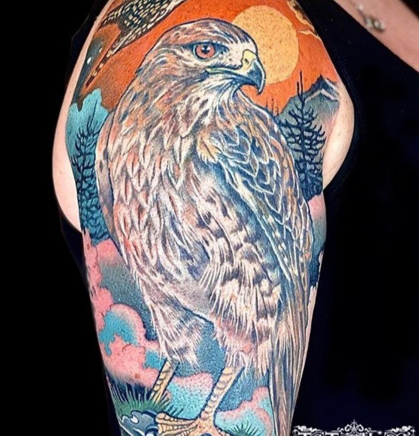colour Cooper's Hawk tattoo sleeve with nature scene