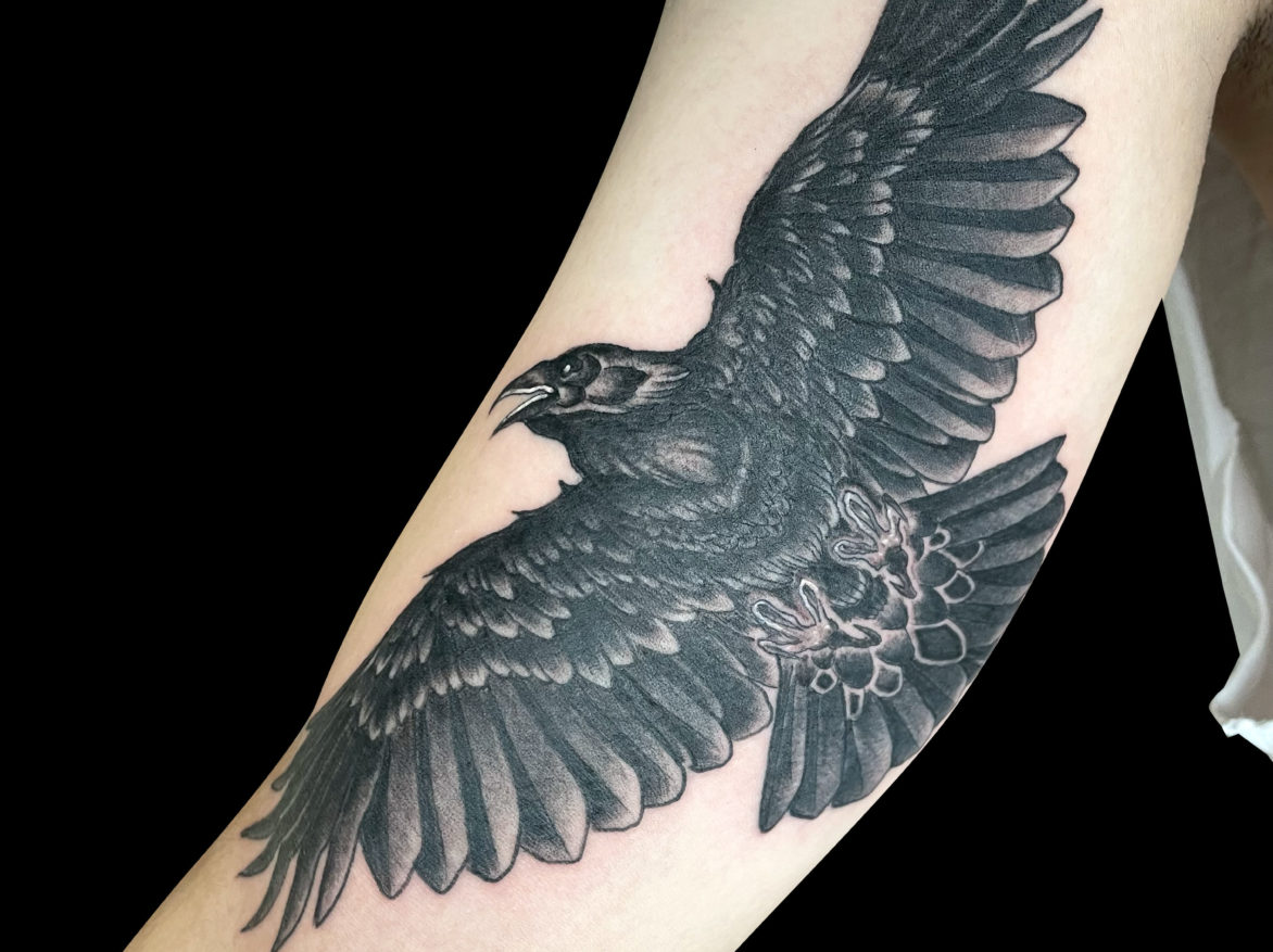 black and grey tattoo of a black crow with wings outstretched on inside of arm from armpit to elbow.