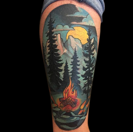 colour tattoo of camping scene with lake, water, fire, trees, mountains, moon and night sky