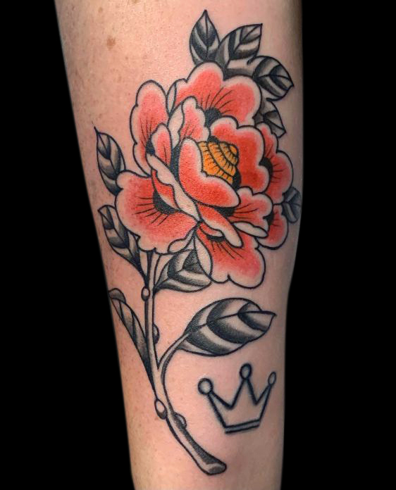 simple pink and black peony tattoo with black and grey leaves