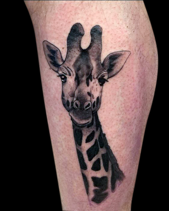 realistic giraffe head tattoo on calf
