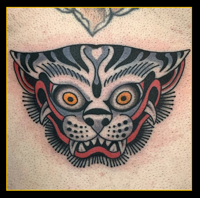 colour Japanese oni tiger tattoo on stomach