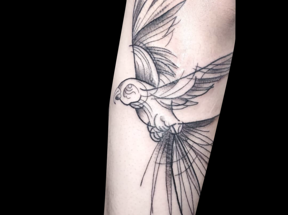 illustrative black tattoo of a bird in flight with sketchy feathers on back of arm