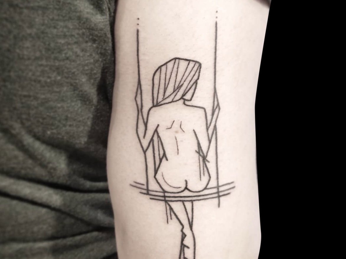 fineline tattoo of abstract nude woman with long hair sitting on a swing seen from behind