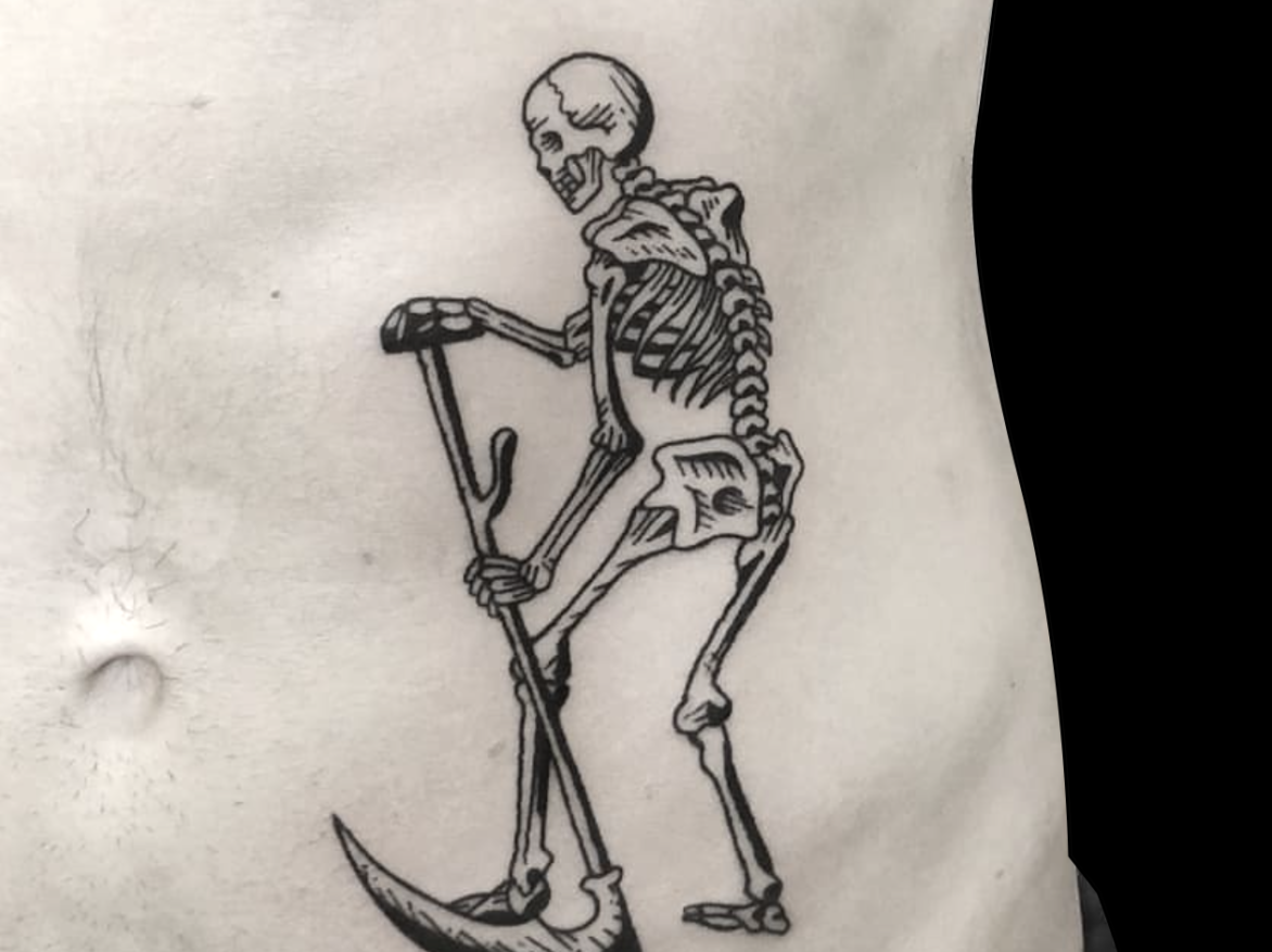 blackwork tattoo of skeleton working, holding a farming scythe