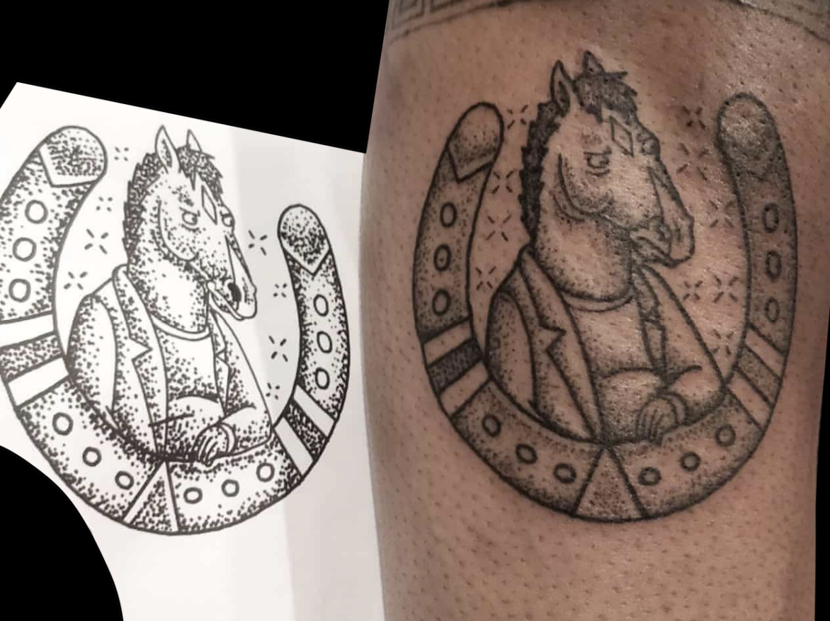 dotwork tattoo of horseshoe and bojack horseman inside it