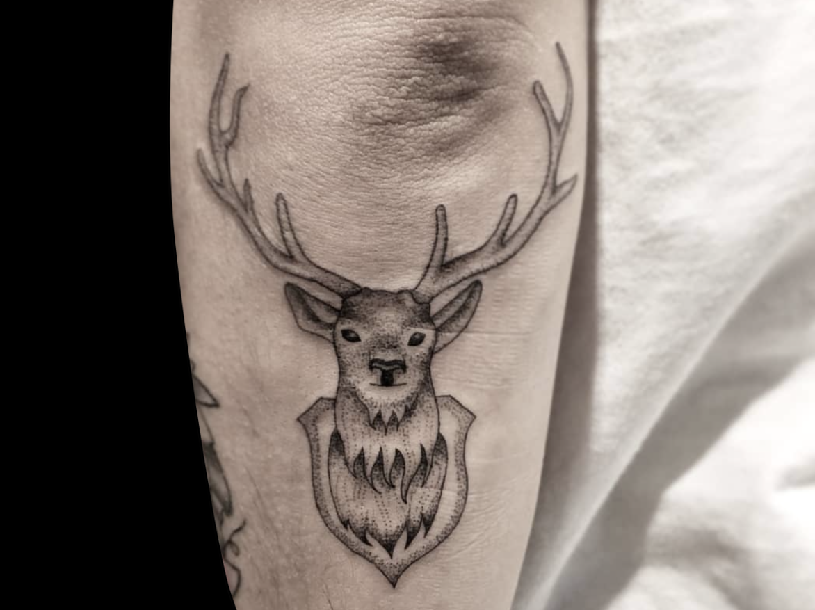 dotwork tattoo of deer head with antlers tattooed on back of arm below elbow
