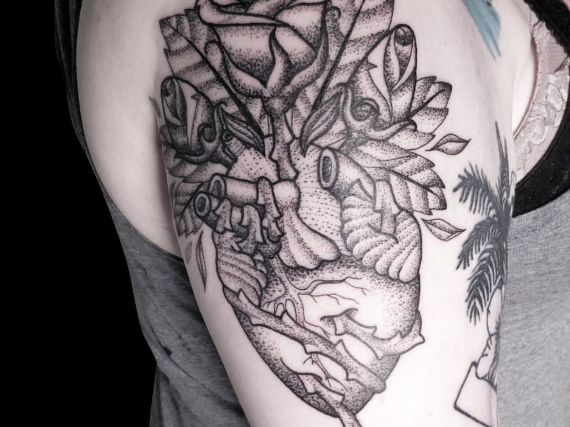 blackwork tattoo of anatomical heart with three roses growing out of the top of the hearte and the thorny stem wrapped around the bottom ventricle. Tattooed onto right shoulder and shaded with dotwork