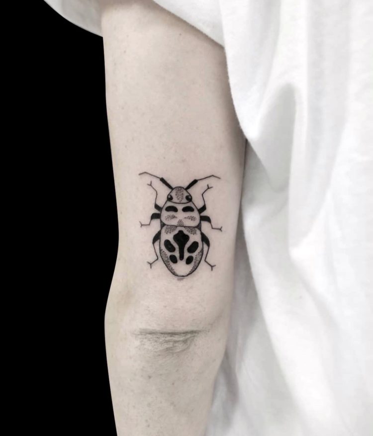 fineline dotwork tattoo of a bettel on the back of the arm