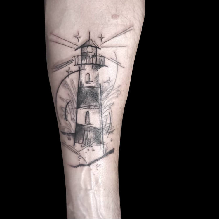 black and grey tattoo of a sketchy lighthouse with loose illustrative lines as if sketched with a pencil tattooed on the inside of the forearm