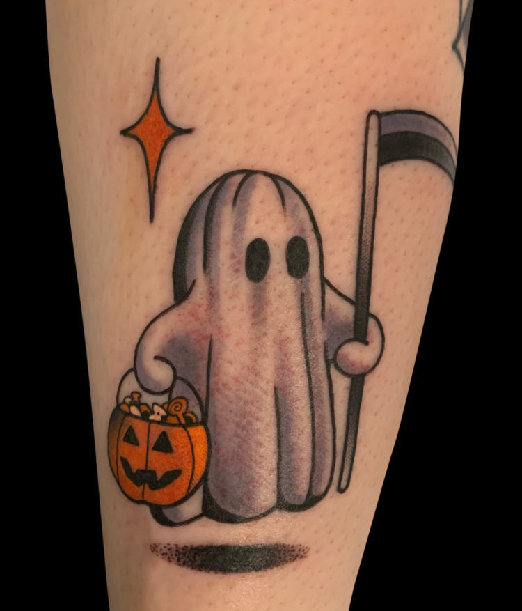 cute floating ghost tattoo holding jack o lantern bucket and scythe