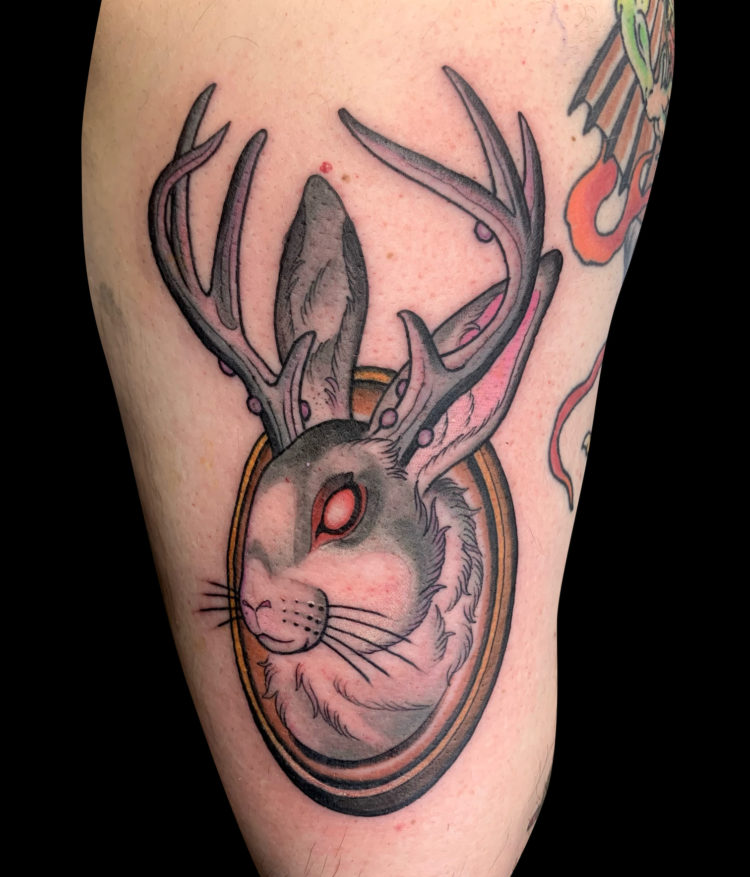 colour jackalope tattoo of hare with antlers