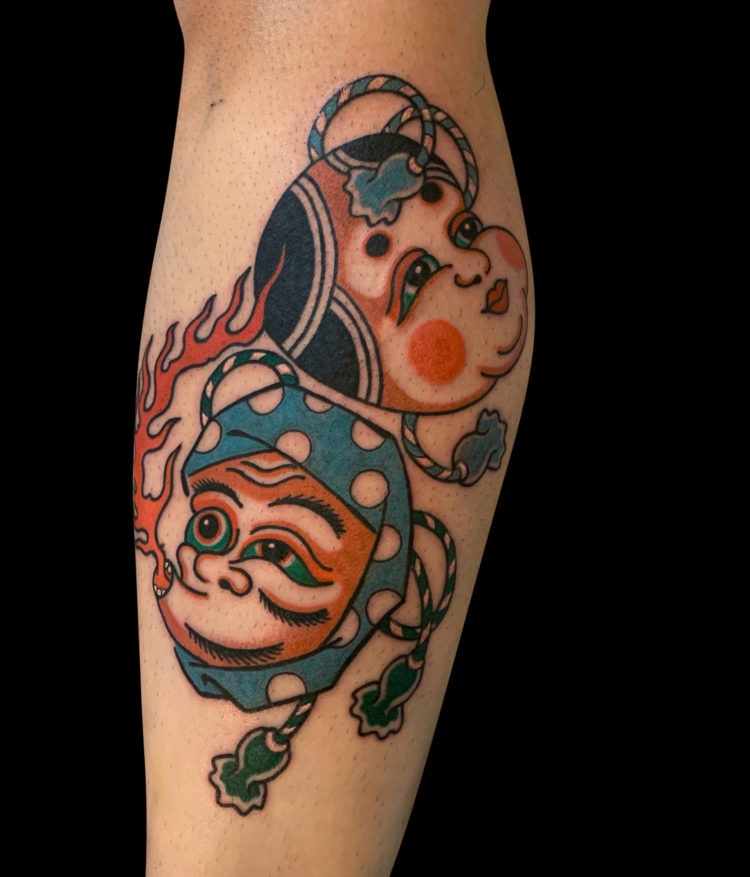 Colour Japanese tattoo of oni heads