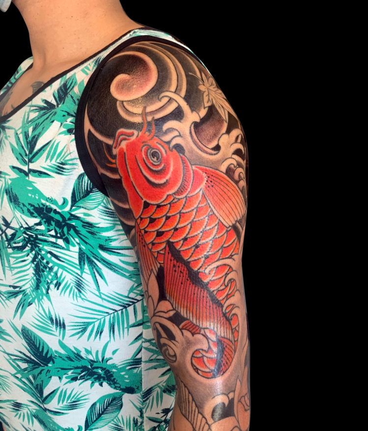 Colour Japanse koi fish tattoo sleeve