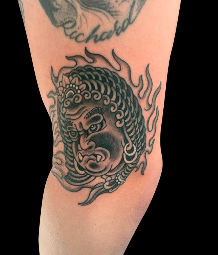 black and grey Japanese oni tattoo