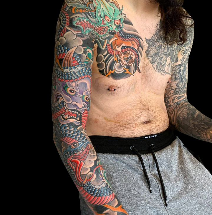 colour Japanese tattoo sleeve and chest panel of dragon, oni, snake and wind bars