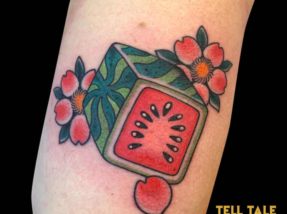 colour tattoo of square watermelon and cherry blossoms